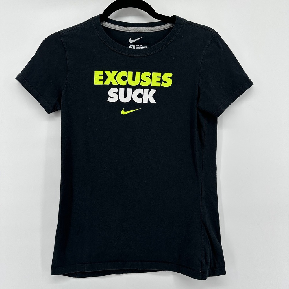 Nike Kids Slim Fit Excuses Suck Graphic T-Shirt Black Neon Small